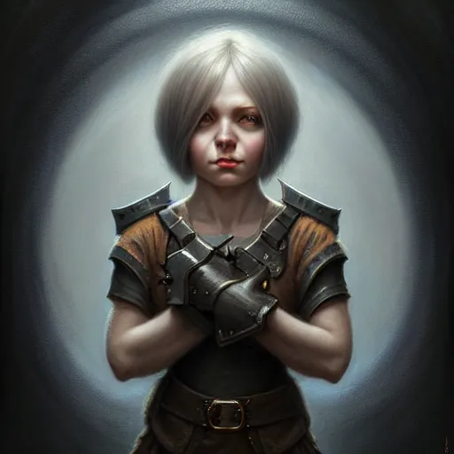 Prompt: portrait of a beautiful cute strong brave realistic female gnome engineer, undercut black bob haircut, d & d, micro detail, intricate, elegant, highly detailed, centered, rule of thirds, artstation, sharp focus, illustration, artgerm, tomasz alen kopera, donato giancola, wlop