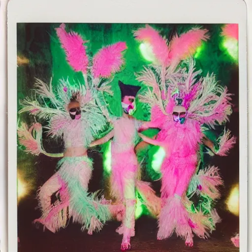 Image similar to polaroid of dancers that are made from cotton candy and foliage, very ornate, wearing MASKS, smudge, mix, DADA collage, texture, lomography, fashion neon light, rim lighting