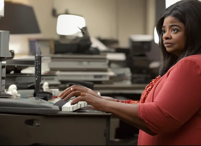 Image similar to cinematic shot of octavia spencer in an small used electronics store hands on an old electronic keyboard, iconic scene from the paranoid thriller sci fi film directed by pt anderson, anamorphic lensesy, beautiful composition, moody cinematography, overhead lighting, color theory, leading lines, photorealistic, volumetric lighting, hyper detailed 4 k image,