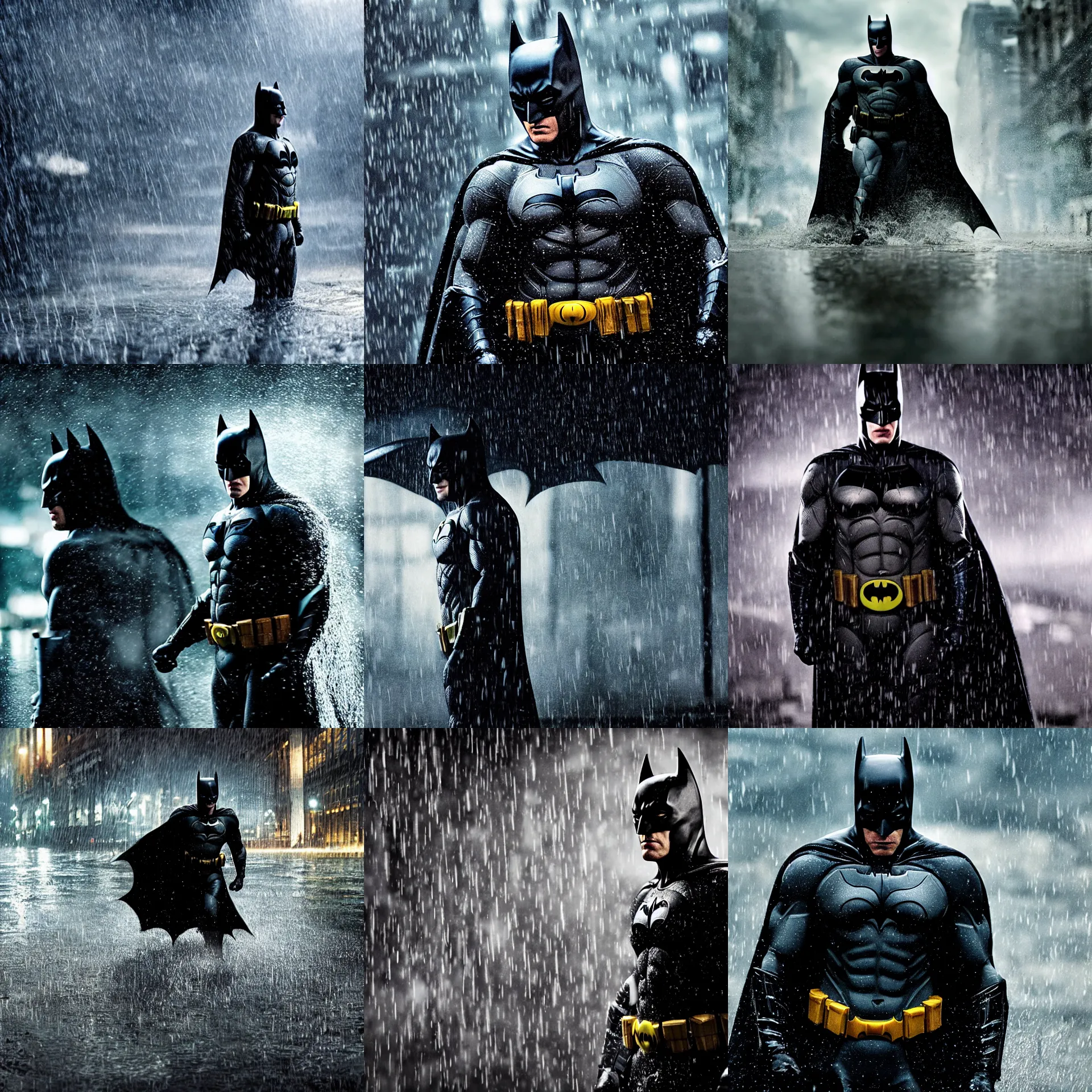 Prompt: Film still of Batman under the rain, puddles of water reflecting, dramatic scene, cinematic scene, dramatic lighting, focus, UHD