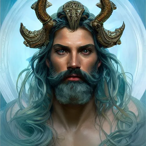 Image similar to portrait Poseidon god of sea, sci-fi, fantasy, intricate, very very beautiful, elegant, highly detailed, digital painting, artstation, concept art, smooth, sharp focus, illustration, art by artgerm and greg rutkowski and alphonse mucha