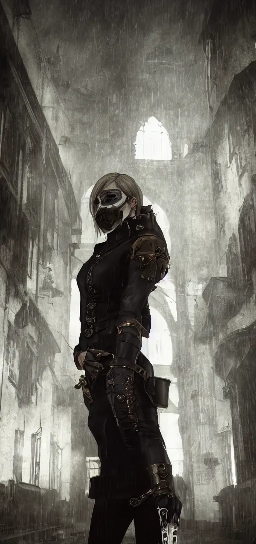 Image similar to annie leonhart in dunwall city wearing corvo attano's mask, redshift render, cinematic lighting, rainy weather, melancholy atmosphere, dunwall city, volumetric light, octane render, dishonored game, dishonored 1, gothic architecture, realistic reflections, octane render 8 k