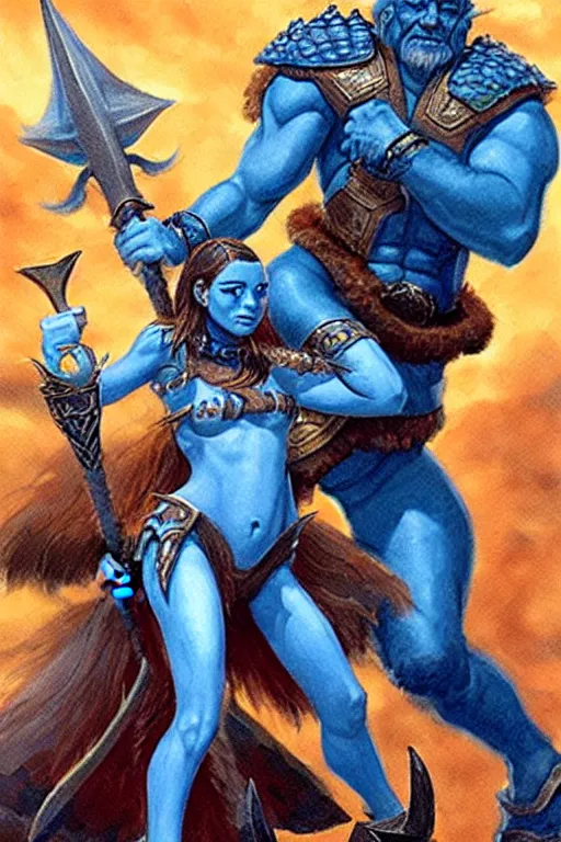 Image similar to a small blue-skinned triton girl wearing scale armor riding on a the shoulders of a large male goliath wearing fur and leather armor, dnd concept art, painting by Jeff Easley