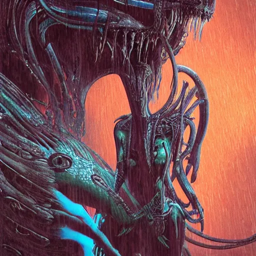 Image similar to hatsune miku xenomorph chimera lurking in dark room, wet dripping, blue long hair, designed by h. r. giger, highly intricate detailed 8 k ultrarealistic octane render by artgerm and rutkowski and beksinski and mucha