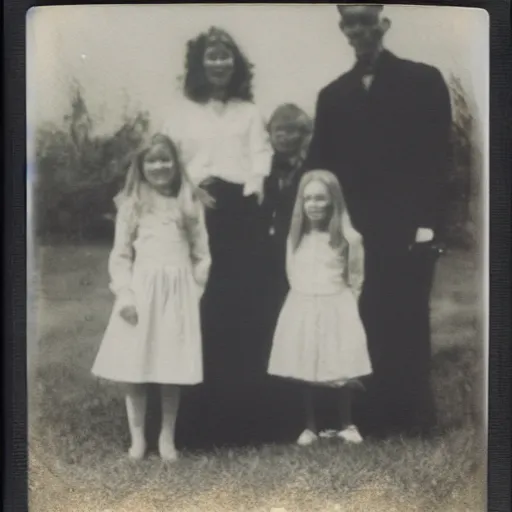 Image similar to old polaroid of a haunted family, hd photo, black and white