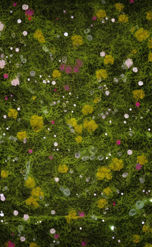 Prompt: view of the inside of a trash bag decorated with moss and flowers patches and with glowing elements, octane render, abstract, unorthodox, 4k, desktop wallpaper, raytracing