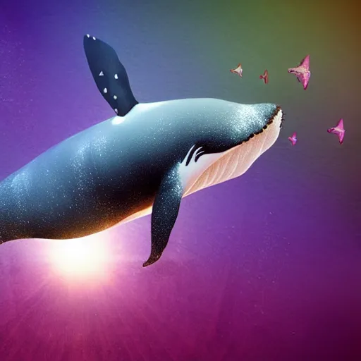 Image similar to photomanipulation of a whale that has tiny fairy wings, the wings are inspired by tooth fairy's wings, fully detailed, 4 k, real footage