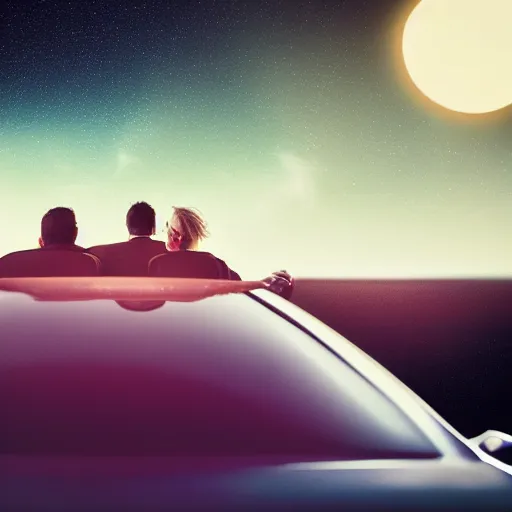 Image similar to couple on a car riding towards the moon, space, cinematic lighting, smooth, vintage, 8 0 s style