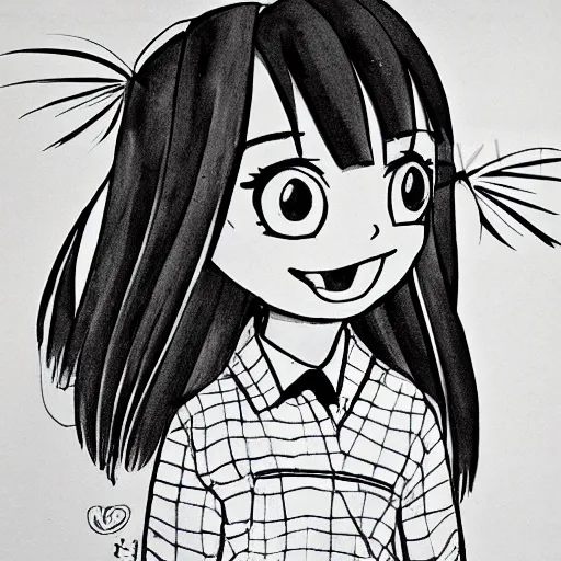 Image similar to a perfect professional sketch of a funny and cute Japanese schoolgirl, by ink pen, in style of Disney Pixar, CalArts, on high quality paper