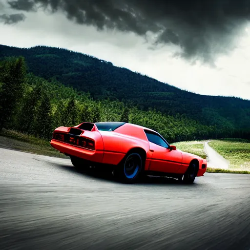 Image similar to black pontiac firebird trans - am driving towards the camera, mountain, valley, breathtaking mountains, lake, dynamic, sunrise, cinematic, motionblur, sunbeams, volumetric lighting, wide shot, low angle, large lightning storm