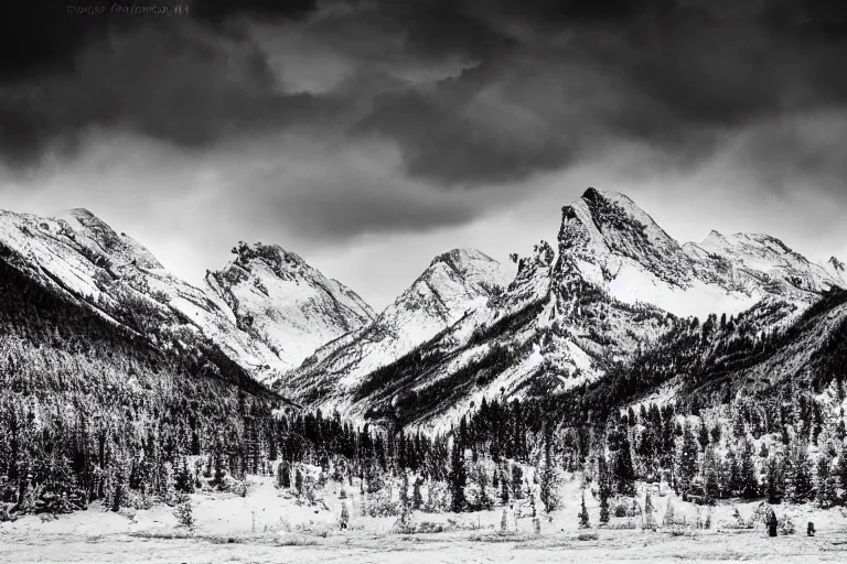 Prompt: tyrannosaurus inside a valley, snowy peaks, in the style of ansel adams, black and white, old, master photography