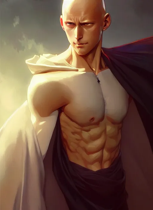 Prompt: ultra realistic illustration, handsome saitama. cape, intricate, elegant, highly detailed, digital painting, artstation, concept art, smooth, sharp focus, illustration, art by artgerm and greg rutkowski and alphonse mucha and wlop