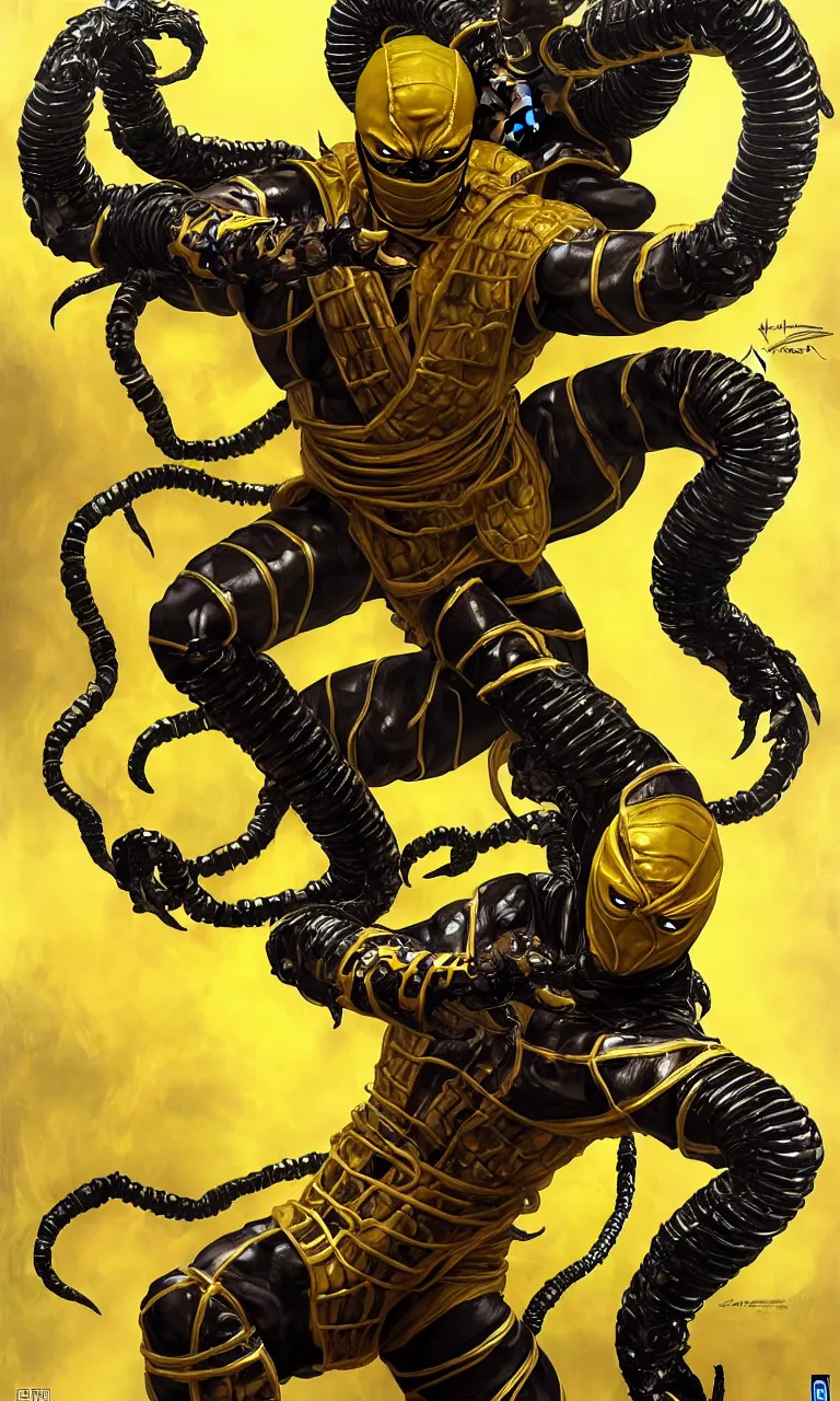 Image similar to hyper realistic full body portrait of scorpion from mortal kombat, mk ninja character, yellow ninja exosuit, dynamic chain movement around him, by lee bermejo, alphonse mucha and greg rutkowski