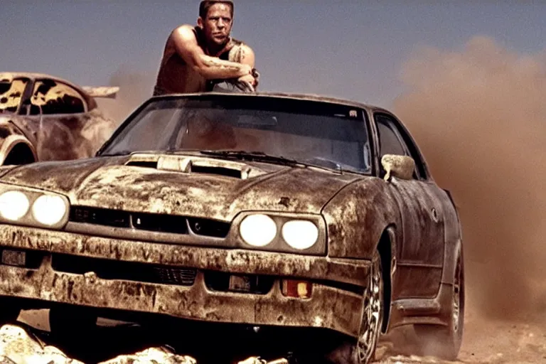 Image similar to Paul Walker driving in Mad Max Road Warrior, rusted, cobbled together Nissan R34 GTR, movie still, cinematic Eastman 5384 film