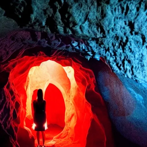 Prompt: style of Henry Peach Robinson and Charlie Bowman:: The interior of an cave lit in red:: symmetrical detailed woman Stella Maeve who is screaming scared face:: blue neon light coming from the back of the cavern:: mysterious atmosphere::