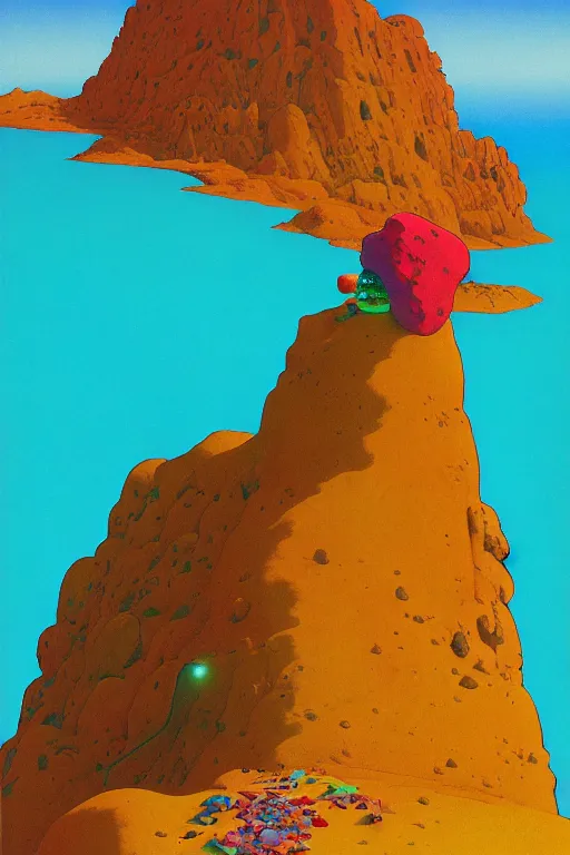 Prompt: a colorful vibrant closeup portrait of a rock formation in the desert licking a tab of lsd acid on his tongue and dreaming psychedelic hallucinations, by kawase hasui, moebius, edward hopper and james gilleard, zdzislaw beksinski, steven outram colorful flat surreal design, hd, 8 k, artstation