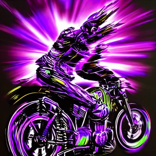 Prompt: psychedelic blacklight airbrush artwork, hyper stylized action shot of an orc biker riding a motorcycle, airbrushed on a black background
