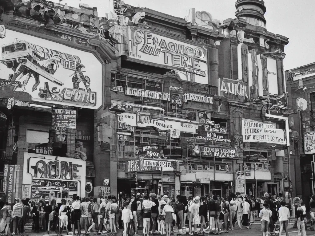 Image similar to a photograph taken with anscochrome 2 0 0, street view of the new theater of the town, with a back to the future banner, a lot of people in a line to enter the theater, ultra detailed, almost night, 1 9 8 5,