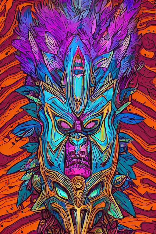 Image similar to totem animal mask tribal feather gemstone plant wood rock shaman vodoo video game vector illustration vivid multicolor borderlands comics by josan gonzales and dan mumford radiating a glowing aura