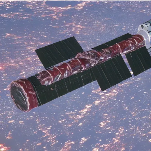 Prompt: a space station made from metal and Italian sliced meat on the background of deep space, matte painting with photorealistic elements pasted in