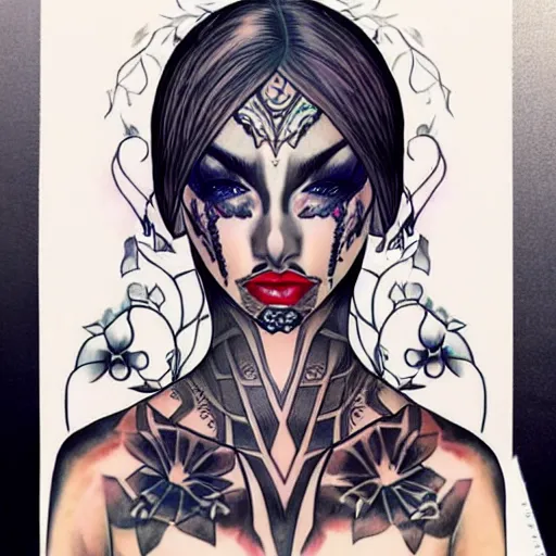 Prompt: a tattooed drow woman with beautiful eyes, symmetrical face, and a latex top