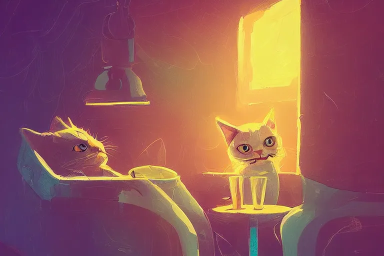 Image similar to a digital art of close up of a cat sits on a chair in a bar, animal, cute, light effect, highly detailed, by anton fadeev