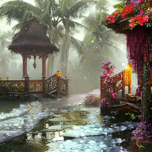 Prompt: tropical island, ornate, beautiful, atmosphere, vibe, mist, smoke, fire, chimney, rain, wet, pristine, puddles, melting, dripping, snow, creek, lush, ice, bridge, forest, roses, flowers, by stanley artgerm lau, greg rutkowski, thomas kindkade, alphonse mucha, loish, norman rockwell