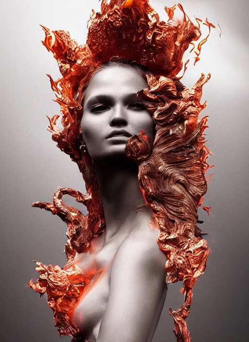 Image similar to sculpture made of flame, portrait, female, future, torch, fire, harper's bazaar, vogue, fashion magazine, intricate, concept art, close up, ornate, luxury, elite, elegant, trending on artstation, by ruan jia, by Kenneth Willardt, by ross tran, by WLOP, by Andrei Riabovitchev,