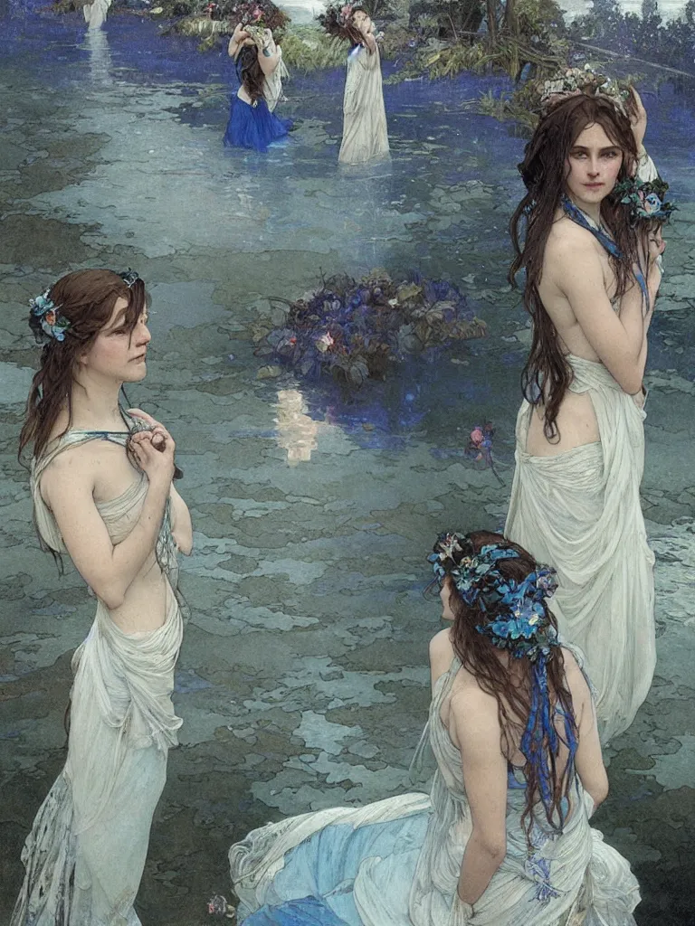 Prompt: detailed painting of two sad brides standing in the river, gloomy, cobalt blue gemstones floating in the river, art by greg rutkowski and alphonse mucha