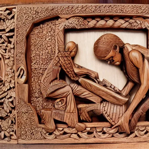 Image similar to intricate wood carving of michael jackson having a picnic