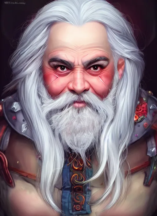 Image similar to happy dwarf with white hair, red iris, long beard, pale snow white skin, full body character portrait, colorful aesthetic, highly detailed, digital art by artgerm
