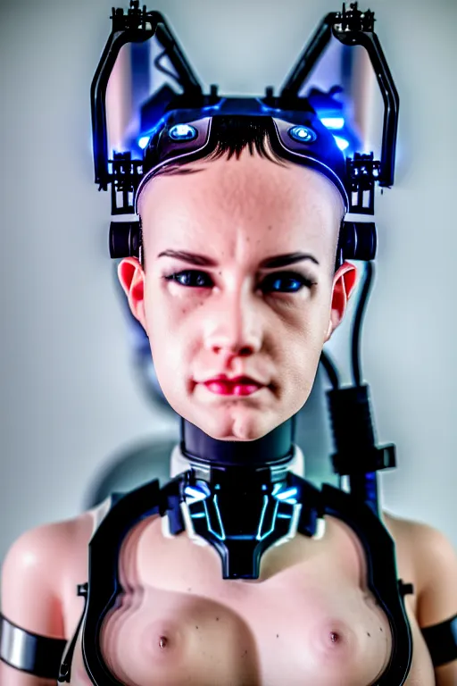 Image similar to cybernetic ultra high tech female robot with cat ears, sci - fi, cyberpunk, high tech, futurism, exoskeleton, symmetry, cinematic, elegant, luxury, perfect light, perfect composition, dlsr photography, sharp focus, 8 k, ultra hd, sense of awe, highly detailed, realistic, intricate, science journal cover