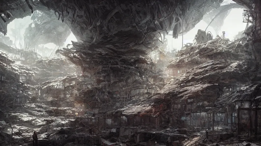 Image similar to post - apocalyspe settlement with houses, hydroponic farms, cave entrance, at dawn, painted by tsutomu nihei, painted by artgerm and greg rutkowski