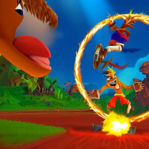 Image similar to crash bandicoot riding a pegasus through a ring of fire
