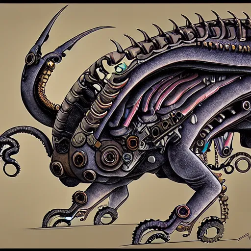 Prompt: a mechanical blueprint of a lovecraftian mechanized funny bull belly dragon, wide shot,, muted colors, post grunge, studio ghibli, hq, art by artgem