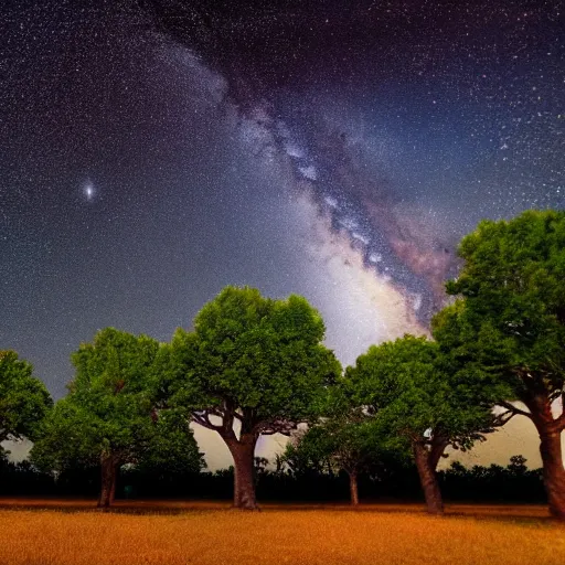 Image similar to in the starry night sky, there is a small planet that is covered in large trees