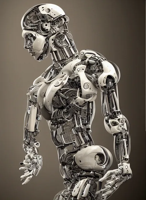 Image similar to highly detailed picture of a human robot coming to life for the very first time by Jim wooding. The image conveys fear and hope and depending dystopian world.