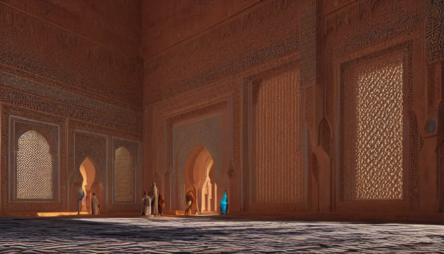 Image similar to the inside of a monument with moroccan motifs, by tim blandin and arthur haas and bruce pennington and john schoenherr, big windows architecture by zaha hadid, octane render, cinematic, scenery, cgsociety, modernism, futuristic, trending on artstation, sci - fi, high detail, high quality, close up angle, people walking