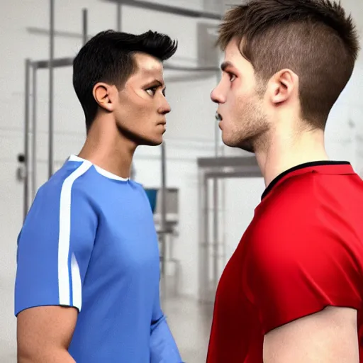 Image similar to a realistic detailed photo of a guy who is an attractive humanoid who is half robot and half humanoid, who is a male android, attractive and handsome soccer players, shiny skin, posing like a statue, blank stare, in a factory, on display, showing off his muscles, wearing soccer shorts, side view, looking at each other mindlessly