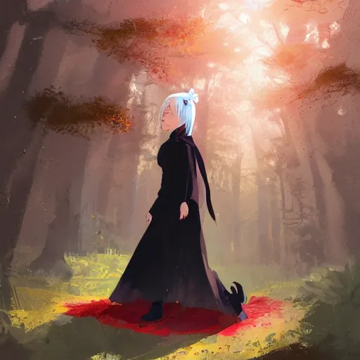 Prompt: girl sorcerer with white hair in a hairbun, wearing a black tshirt, a red scarf, and blue jeans, Sleeping in a forest. digital art, lasso tool, large brushstrokes, photoshop brush, environment concept art, by rossdraws, ghibli, art by greg rutkowski