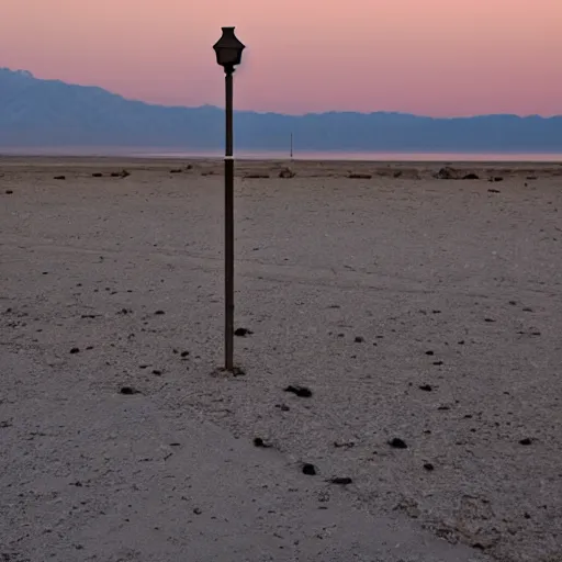 Prompt: a photo of a weird streetlight on the desolate shore of the salton sea at dusk