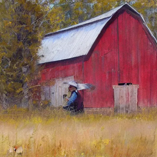 Image similar to Richard Schmid and Jeremy Lipking full length portrait painting of an old and worn red barn