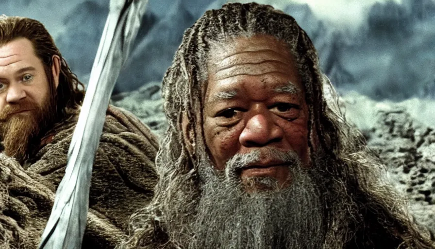 Prompt: morgan freeman starring as gimli in lord of the rings, cnn news footage taken from above.