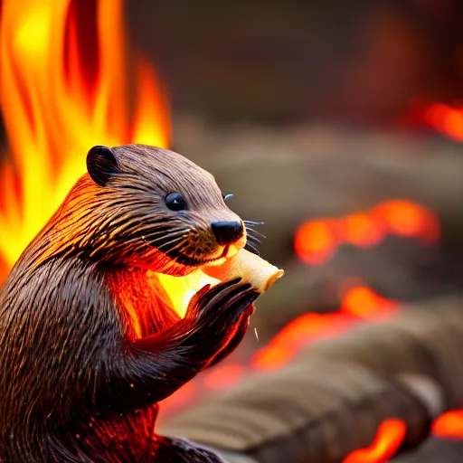 Prompt: wildlife photography of a beaver chewing down a bamboo shoot, surrounded by flames and lava, f / 1. 8, soft focus, 8 k, national geographic, award - winning photograph by nick nichols