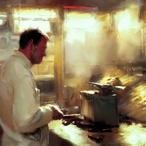 Image similar to low angle!!!!!! a a butcher working, artwork by craig mullins, low angle camera