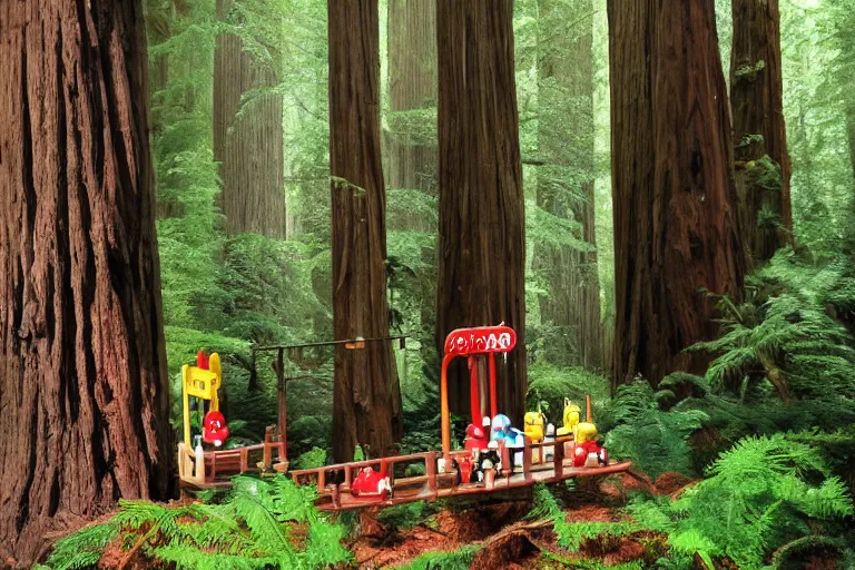 Image similar to fisher - price redwood forest, scene from a ridley scott movie