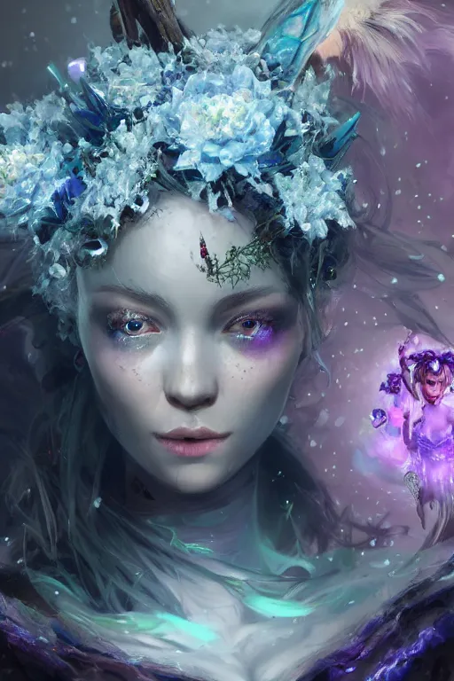 Image similar to fairy face closeup of beautiful girl necromancer, witch - doctor covered with crystals exploding into ice, 3 d render, hyper realistic detailed portrait, holding magic flowers, ruan jia, wlop. scifi, fantasy, hyper detailed, octane render, concept art, peter mohrbacher