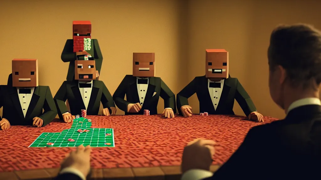 Image similar to hyperrealism simulation highly detailed human turtles'wearing detailed tuxedos and smoking, playing poker in surreal scene from minecraft movie from future by wes anderson and denis villeneuve and mike winkelmann rendered in blender and octane render