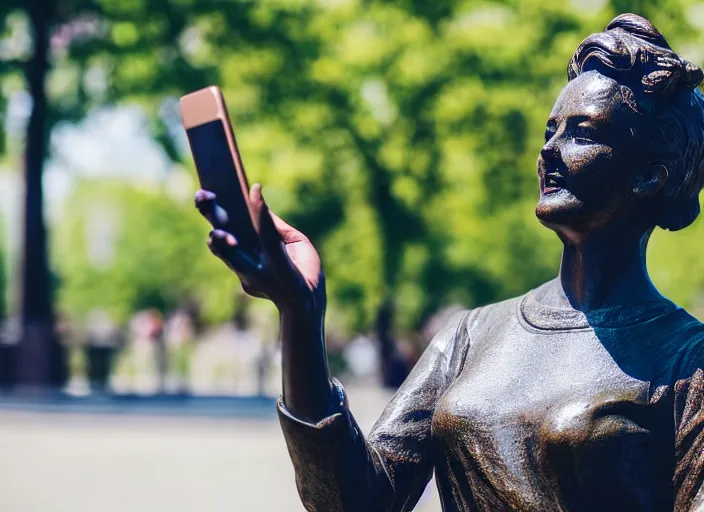 Prompt: photo still of a bronze statue of a woman using an iphone to take a selfie in a park on a bright sunny day, 8 k 8 5 mm f 1 6