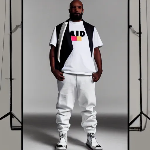 Image similar to a full body lookbook studio photo portrait of modern - day jesus wearing virgil abloh off - white menswear and sneaker collection, detailed, oil painting, hyper - realistic, 8 k, off - white collection